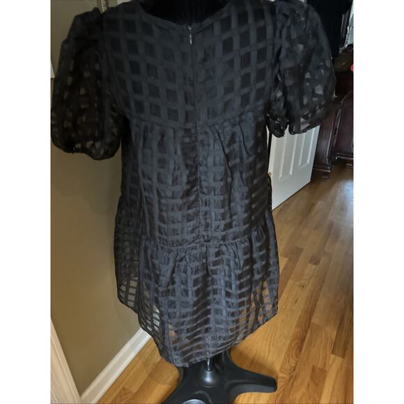 English Factory Puffy Sleeve Black Dress window pane semi sheer lined tired sz S - Picture 9 of 16